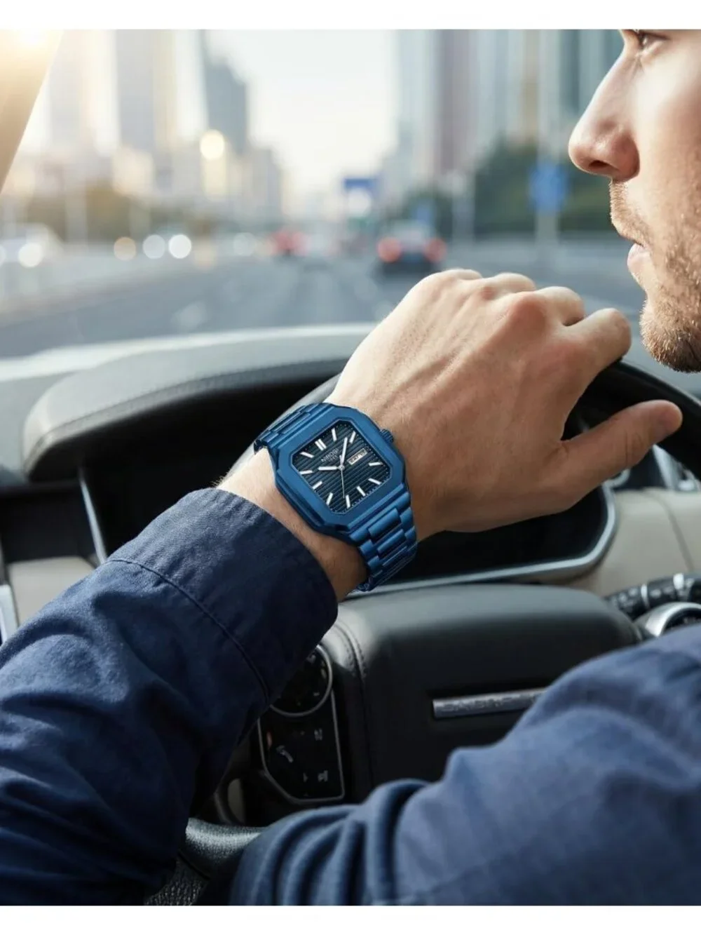 Men's Blue Square Analog Quartz Stainless Steel Waterproof Classic Wrist Watch
